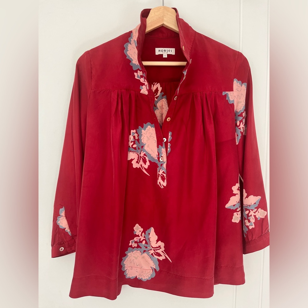 Horses Atelier High-Collar Red Floral Blouse